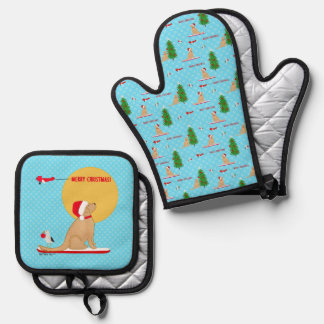 Goldenes Weihnachts-Blau-Strand-Tag-Ofenhandschuh- Ofenhandschuh & Topflappen-Set