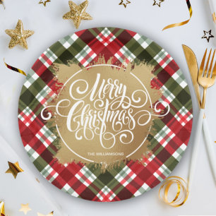 Goldenes Weihnachts-Plaid Pappteller