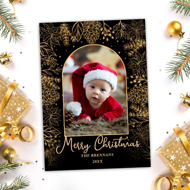 Goldenes Weihnachtsfest - Foto Elegante Weihnachts Feiertagskarte (Gold Christmas Photo Elegant Festive Script Holiday Card)