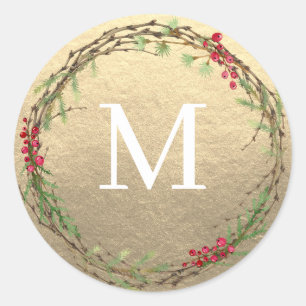 Goldenes Weihnachtskranz-Monogramm-Siegel Runder Aufkleber