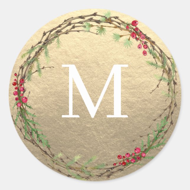 Goldenes Weihnachtskranz-Monogramm-Siegel Runder Aufkleber (Vorderseite)