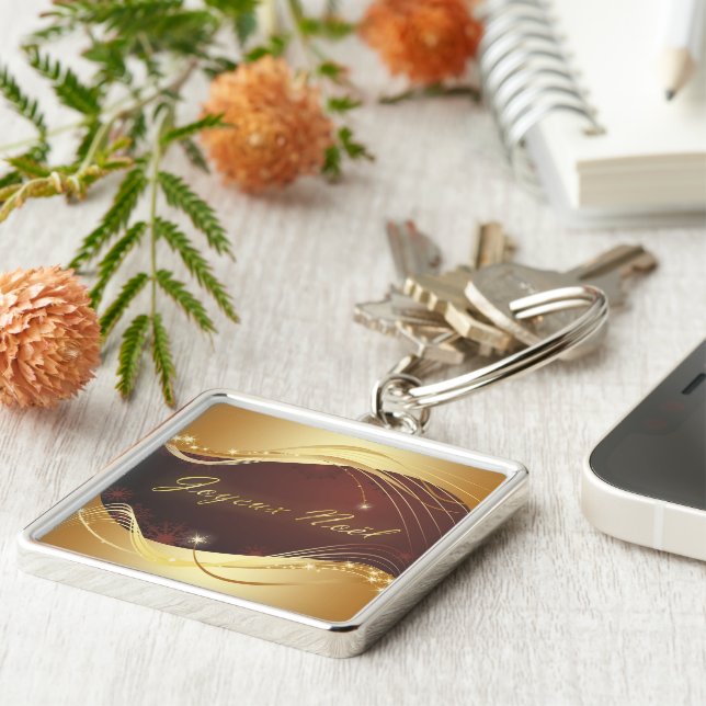 Goldenes Weihnachtsmotiv mit rotem Hintergrund... Schlüsselanhänger (Seite)