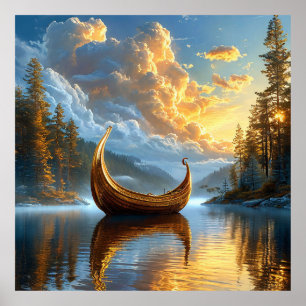 Goldenes Wikinger-inspiriertes Boot, das auf dem M Poster