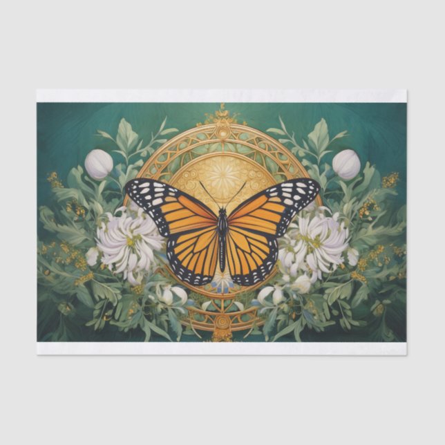 Goldenrod Dahlia Monarch Medallion on Rich Green Seidenpapier (Vorderseite)