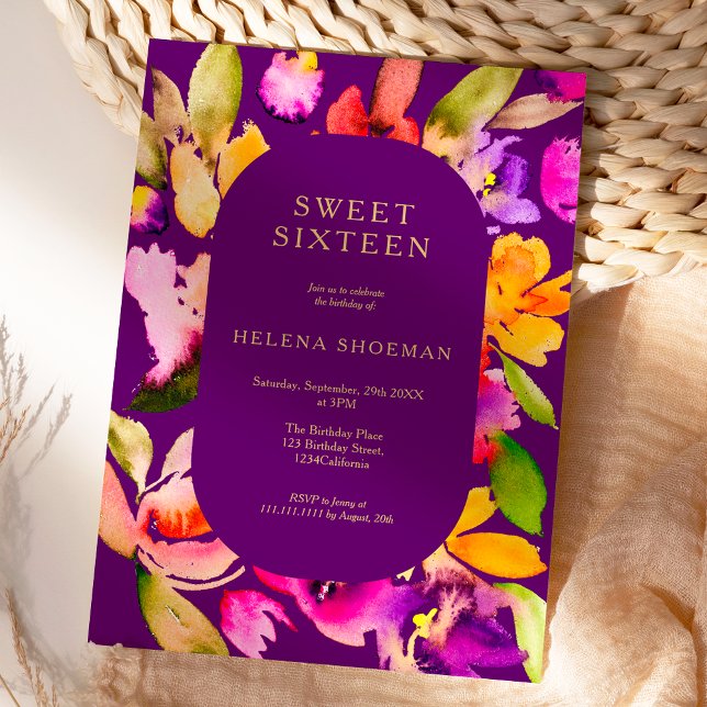 Goldfall übergroße Blumenwasserfarbe Süß 16 Einladung (Bold fall oversize floral watercolor Sweet 16 Invitation on purple)