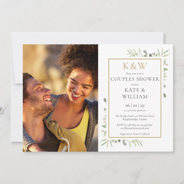Goldfarben Monogram Greenery Foto Couples Dusche Einladung (Vorderseite)