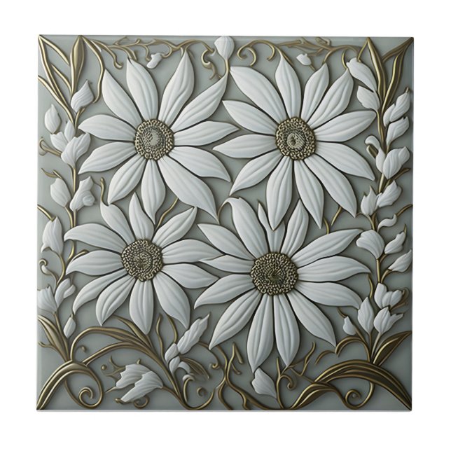 goldfarbene 3D-Blumenmotive Jugendstil-Keramik Til Fliese (Vorderseite)