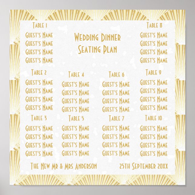 Goldfarbene Art Deco Design Hochzeitssitze Poster (Vorne)