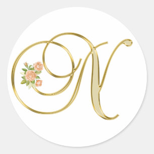 Goldfarbene Blumenmonogrammbuchstabe N Runder Aufkleber