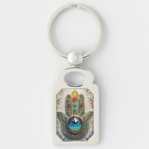 Goldfarbene filigrane blau-grüne Third-Eye-Hamsa Schlüsselanhänger