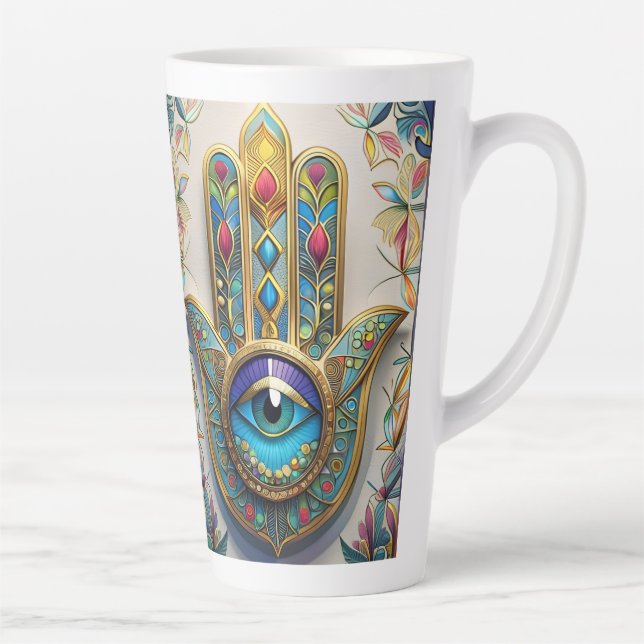 Goldfarbene filigrane blaugrüne Third-Eye-Hamsa Milchtasse (Rechts)