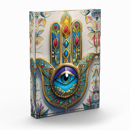 Goldfarbene Filigree Blaugrün, drittes Auge Hamsa Fotoblock