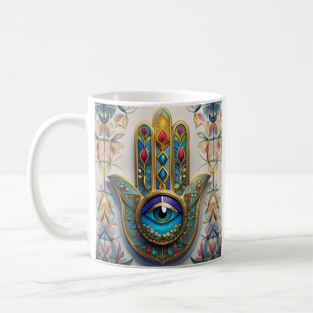 Goldfarbene Filigree Blaugrün, drittes Auge Hamsa Kaffeetasse (Links)