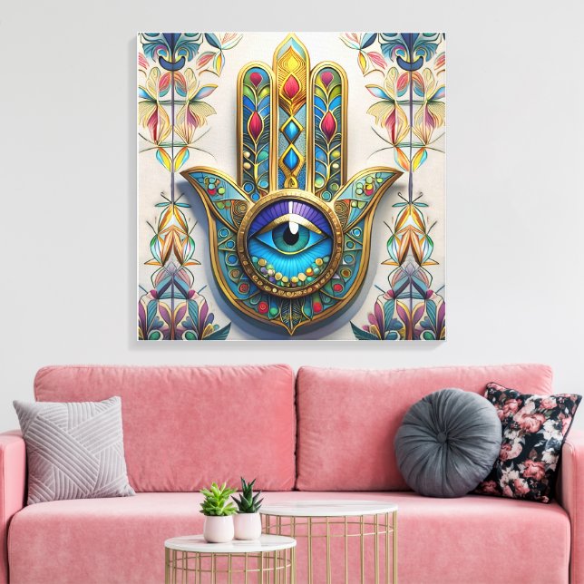 Goldfarbene Filigree Blaugrün, drittes Auge Hamsa Leinwanddruck (Insitu (Wohnzimmer))