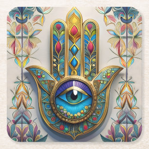 Goldfarbene Filigree Blaugrün, drittes Auge Hamsa Rechteckiger Pappuntersetzer