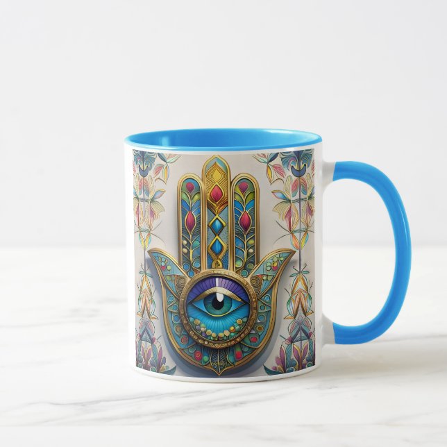 Goldfarbene Filigree Blaugrün, drittes Auge Hamsa Tasse (Rechts)