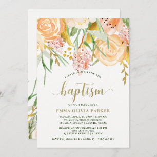 Goldfarbene Flora in Weiß  Taufe Einladung