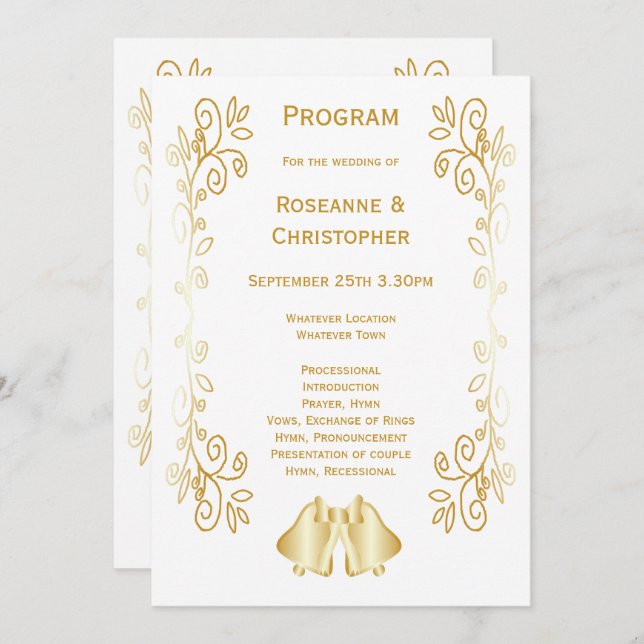 Goldfarbene Glocken-Design-Hochzeit Programm (Vorne/Hinten)