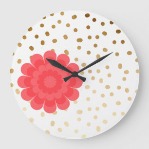 goldfarbene goldfarbene Blume-Polka-Punktmuster Große Wanduhr
