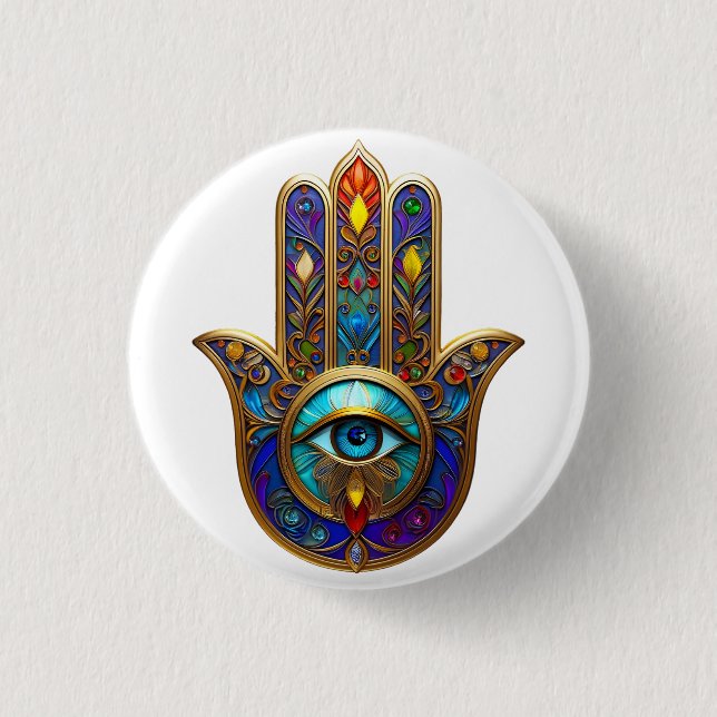 Goldfarbene Hamsa Türkis Saphir Drittes Auge  Button (Vorderseite)