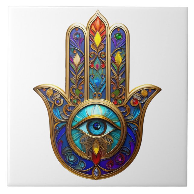 Goldfarbene Hamsa-Turquoise Saphir Drittes Auge  Fliese (Vorderseite)