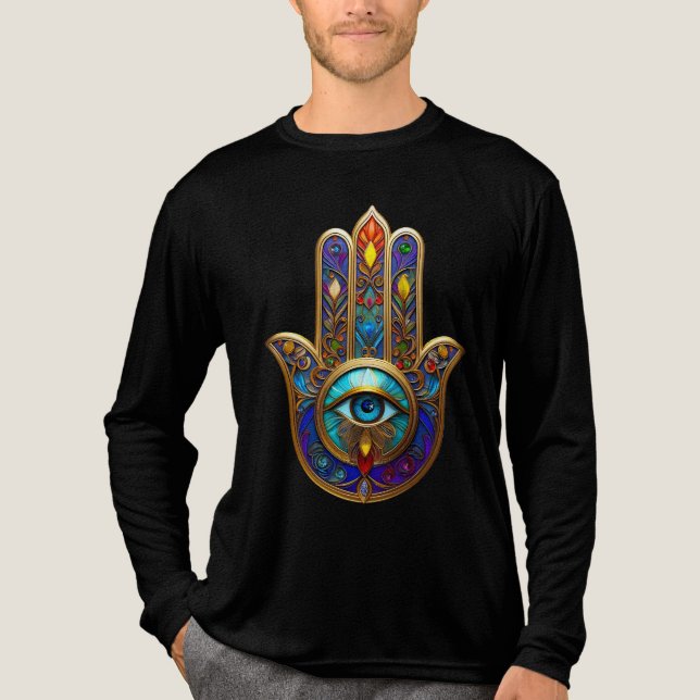Goldfarbene Hamsa-Turquoise Saphir Drittes Auge  Tri-Blend Shirt (Vorderseite)