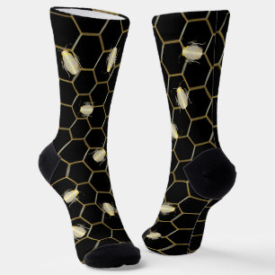 Goldfarbene Honey Bee Honeycomb Design Black Socken