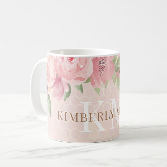 Goldfarbene Rosa Blütenrosa Monogramm Kaffeetasse (Vorderseite Links)