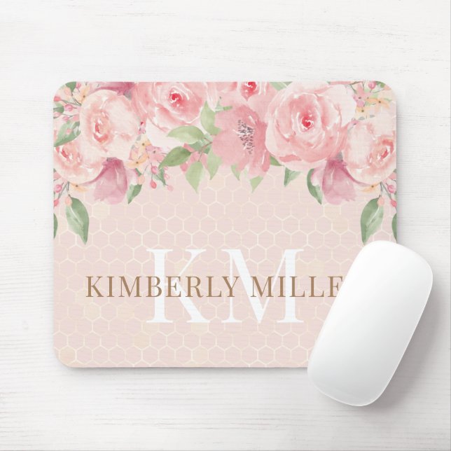 Goldfarbene Rosa Blütenrosa Monogramm Mousepad (Mit Mouse)