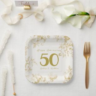 Goldfarbene Vintage Schrift zum Hochzeitstag Pappteller
