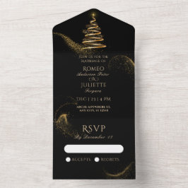 goldfarbene Weihnachtsbaumhochzeit All In One Einladung
