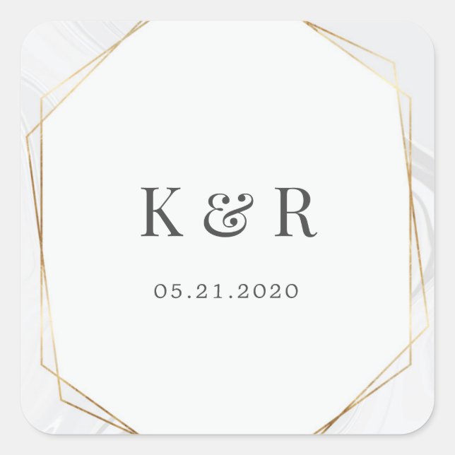goldfarbener Marmorhochzeit monogramm quadratisch Quadratischer Aufkleber (Vorderseite)