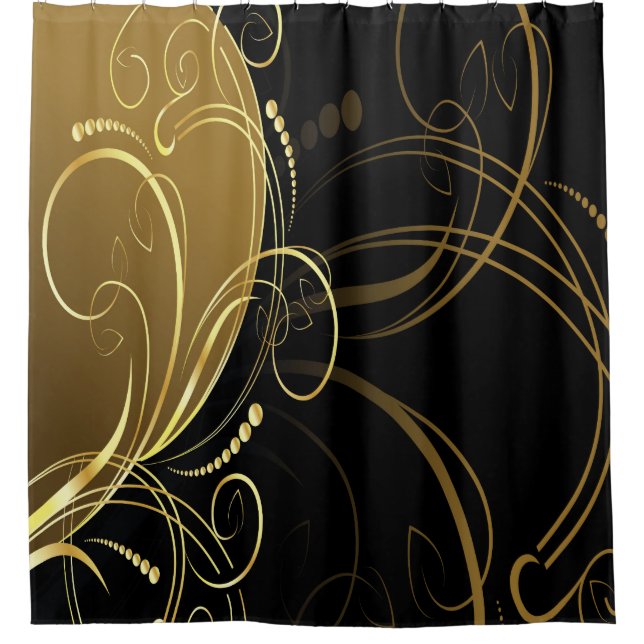goldfarbener Swirl, floral, schwarz, chic, modern, Duschvorhang (Vorderseite)