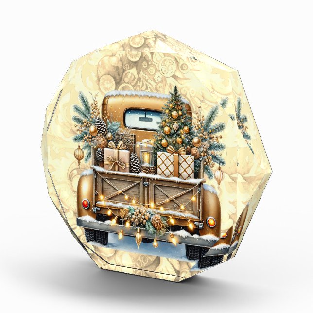 Goldfarbener Vintager LKW Frohe Weihnachten Fotoblock (Rechts)
