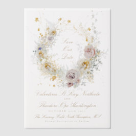 goldfarbenes Foto mit Blumenkranz Save the Date