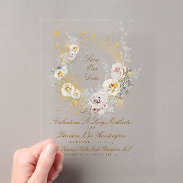 goldfarbenes Foto mit Blumenkranz Save the Date Acryleinladungen