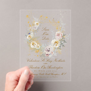 goldfarbenes Foto mit Blumenkranz Save the Date Acryleinladungen