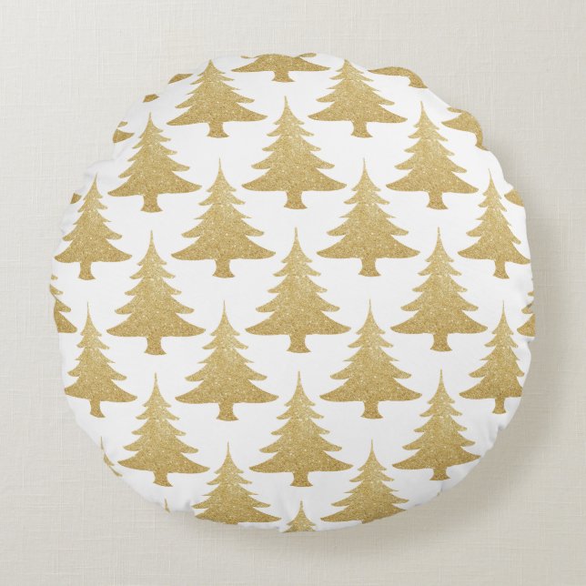 goldfarbenes Weihnachtsbaummuster Rundes Kissen (Vorderseite)