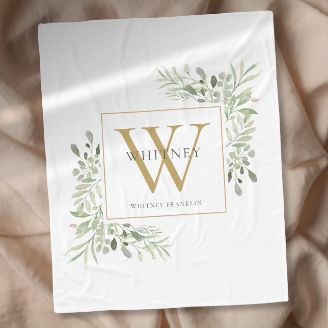 Goldfarbengrün Fleecedecke (Gold Monogram Watercolor Greenery Fleece Blanket)
