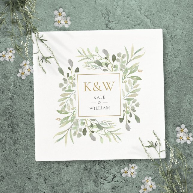 Goldfarbenprägung Serviette (Gold Monogram Greenery Watercolor Wedding Napkins)