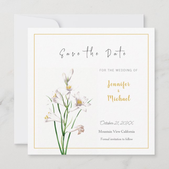 Goldfarbige Calligrapy-Blume für Hochzeiten Save t Einladung (Vorderseite)