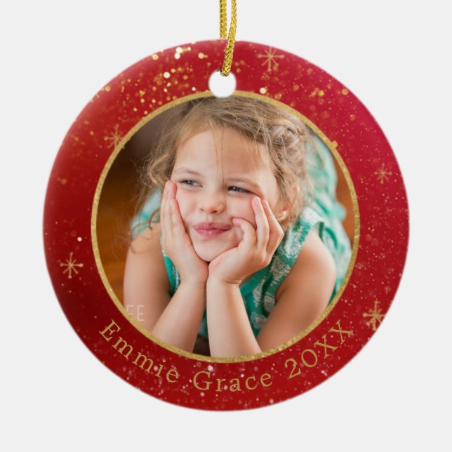 Goldfarbstaub auf roter Fotoplatte Keramik Ornament (Vorne)