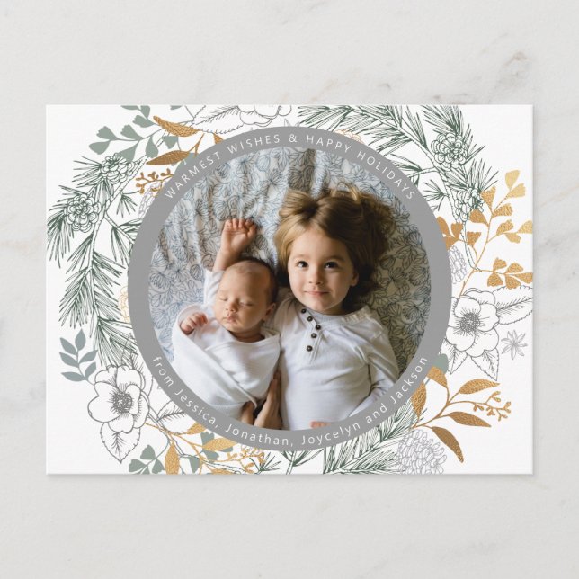 Goldfilm Blumenreath Custom Foto White Holiday Postkarte (Vorderseite)