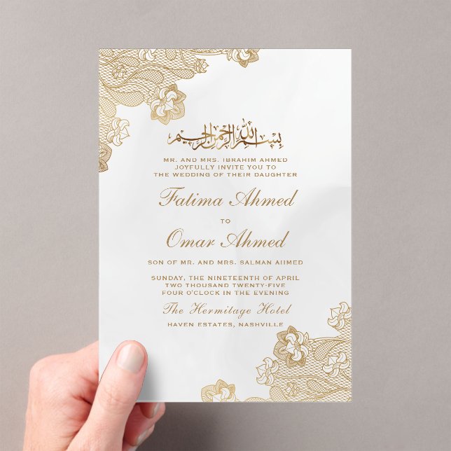 Goldfilm Lace Verzierte Creme Islamische Hochzeit Acryleinladungen (Insitu (Handheld))