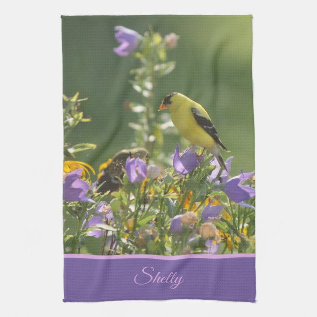 Goldfinch auf einer Harebell-Blume Geschirrtuch (Vertikal)