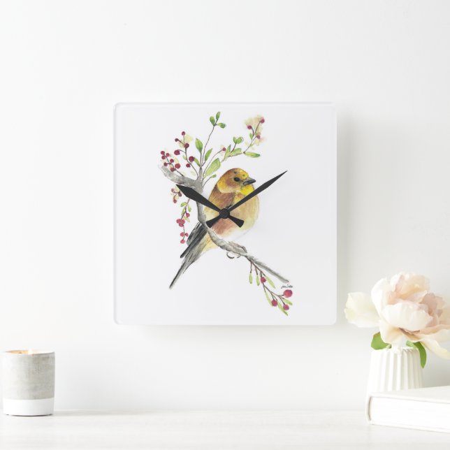 Goldfinch Bird Watercolor Art Quadratische Wanduhr (Zuhause)