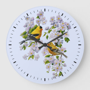 Goldfinch Birds and Flowers Blue Große Wanduhr