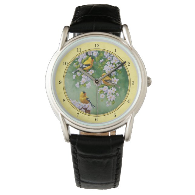 Goldfinch Birds & Apple Blossoms gelb Armbanduhr (Vorderseite)