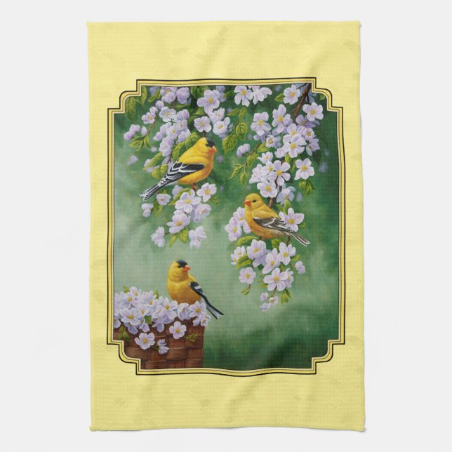 Goldfinch Birds & Apple Blossoms gelb Geschirrtuch (Vertikal)