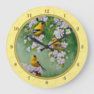Goldfinch Birds & Apple Blossoms gelb Große Wanduhr